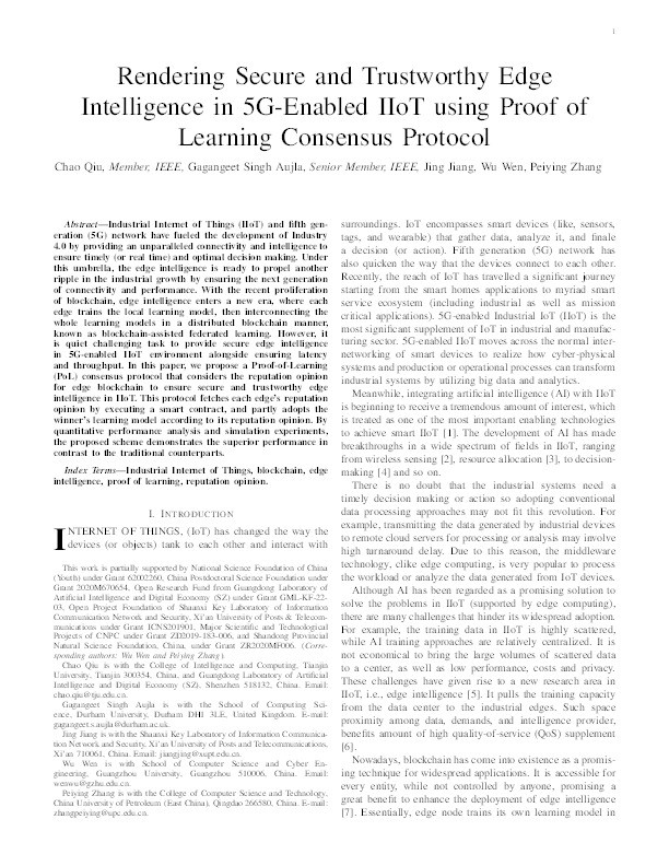 Rendering Secure and Trustworthy Edge Intelligence in 5G-Enabled IIoT using Proof of Learning Consensus Protocol Thumbnail