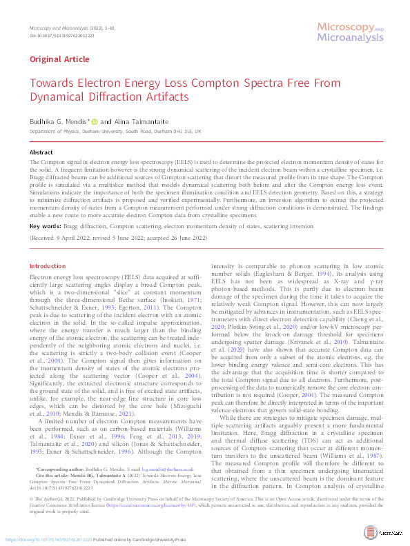 Towards Electron Energy Loss Compton Spectra Free From Dynamical Diffraction Artifacts Thumbnail