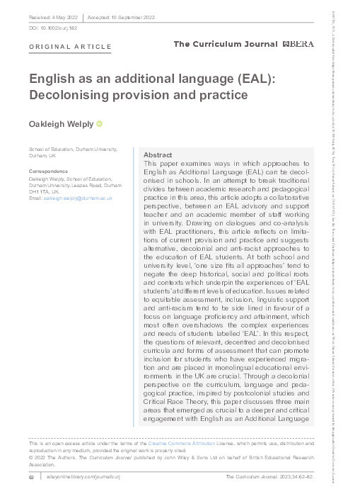 English as an additional language (EAL): decolonising provision and practice Thumbnail