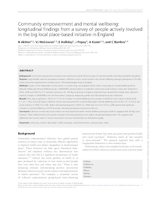 Community empowerment and mental wellbeing: longitudinal findings from a survey of people actively involved in the big local place-based initiative in England Thumbnail