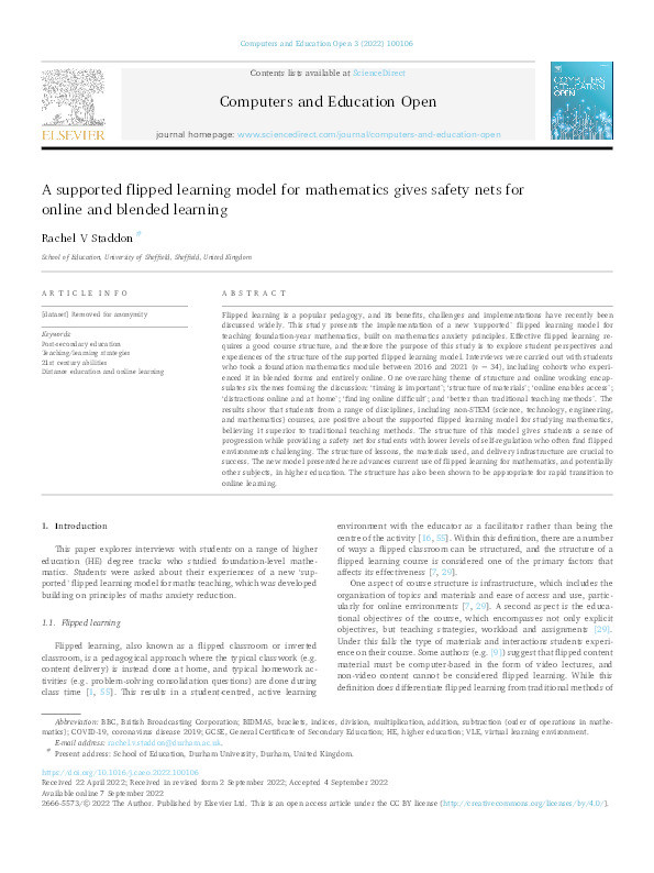 A supported flipped learning model for mathematics gives safety nets for online and blended learning Thumbnail