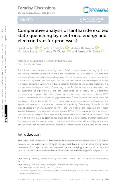 Comparative analysis of lanthanide excited state quenching by electronic energy and electron transfer processes Thumbnail