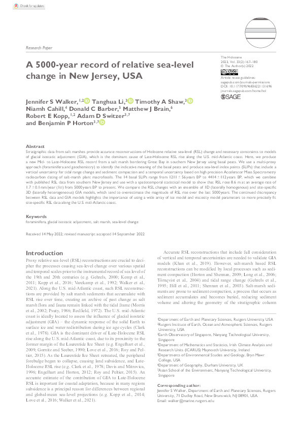 A 5000-year record of relative sea-level change in New Jersey, USA Thumbnail