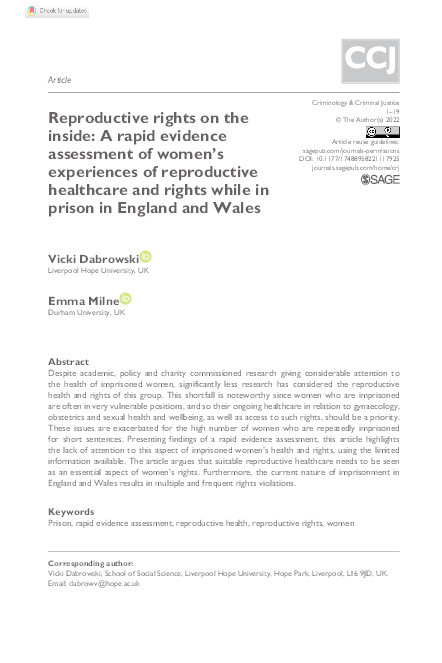 Reproductive rights on the inside: A rapid evidence assessment of women’s experiences of reproductive healthcare and rights while in prison in England and Wales Thumbnail