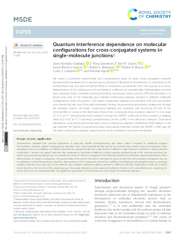 Quantum interference dependence on molecular configurations for cross-conjugated systems in single-molecule junctions Thumbnail