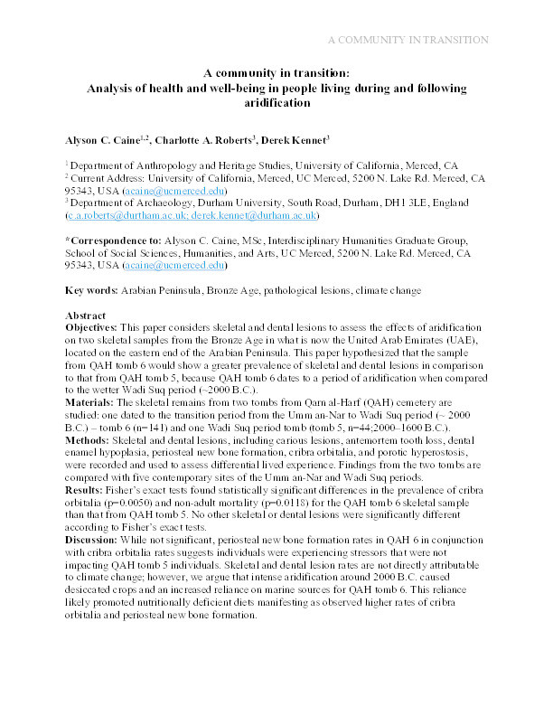 A community in transition: Analysis of health and well‐being in people living during and following aridification Thumbnail