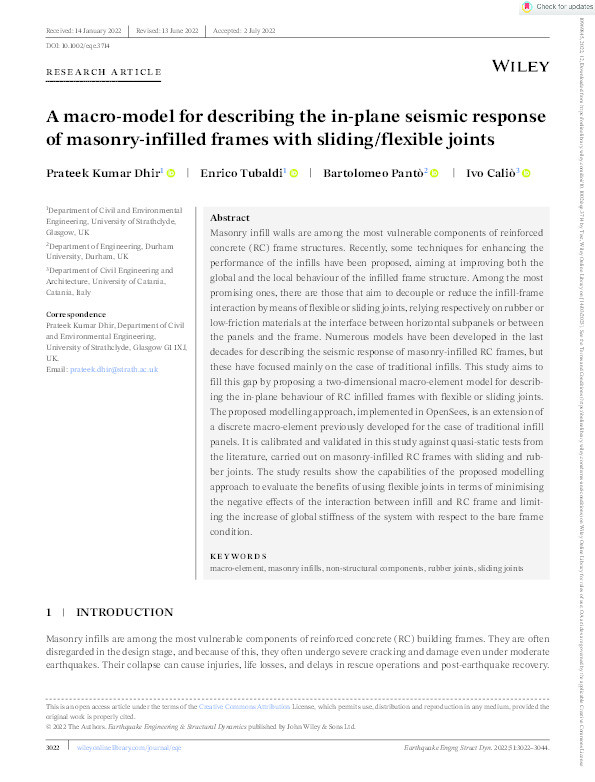 A macro‐model for describing the in‐plane seismic response of masonry‐infilled frames with sliding/flexible joints Thumbnail