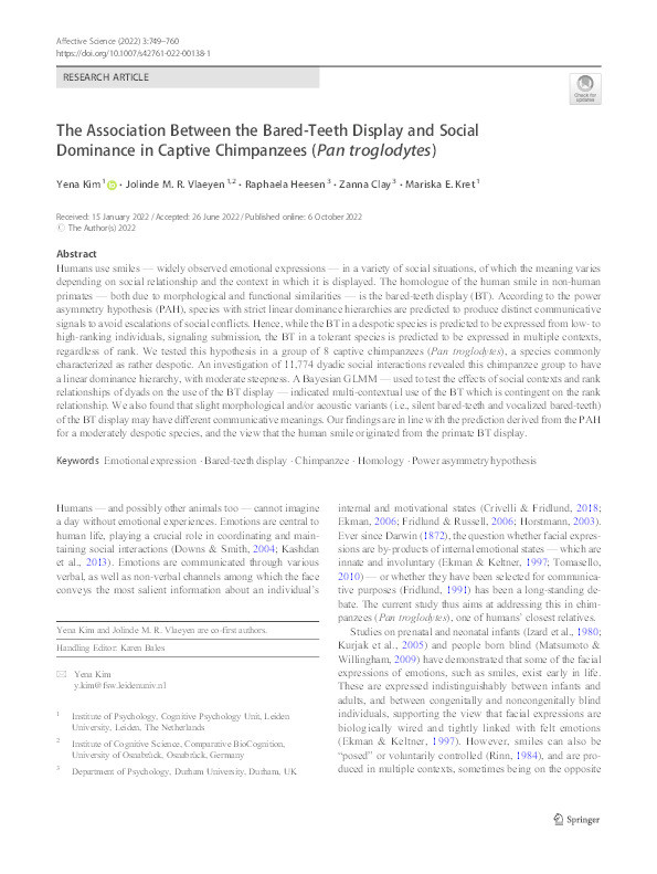 The Association Between the Bared-Teeth Display and Social Dominance in Captive Chimpanzees (Pan troglodytes) Thumbnail