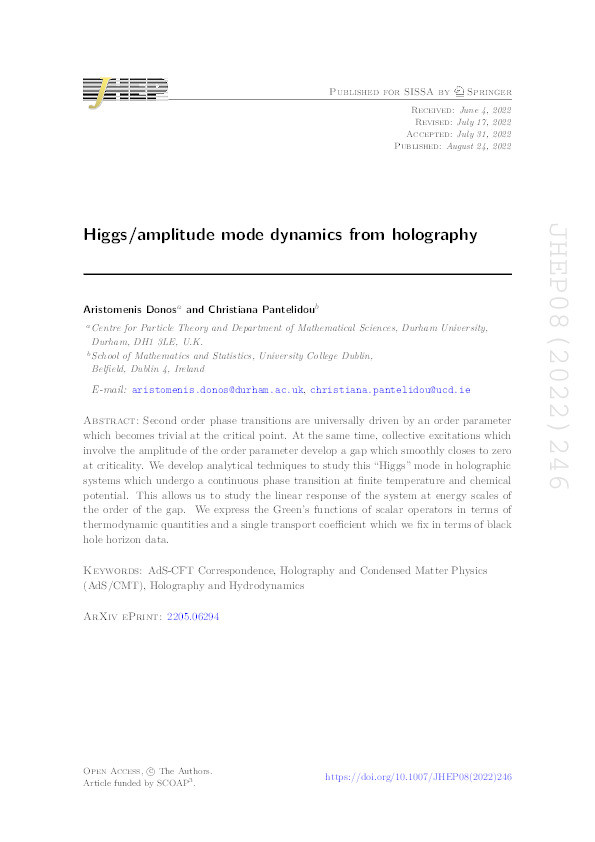 Higgs/amplitude mode dynamics from holography Thumbnail