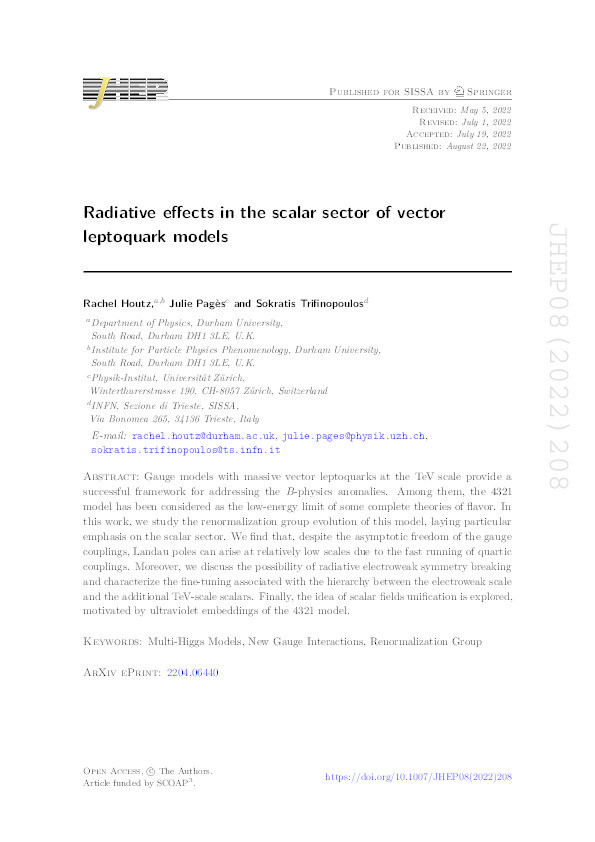 Radiative effects in the scalar sector of vector leptoquark models Thumbnail