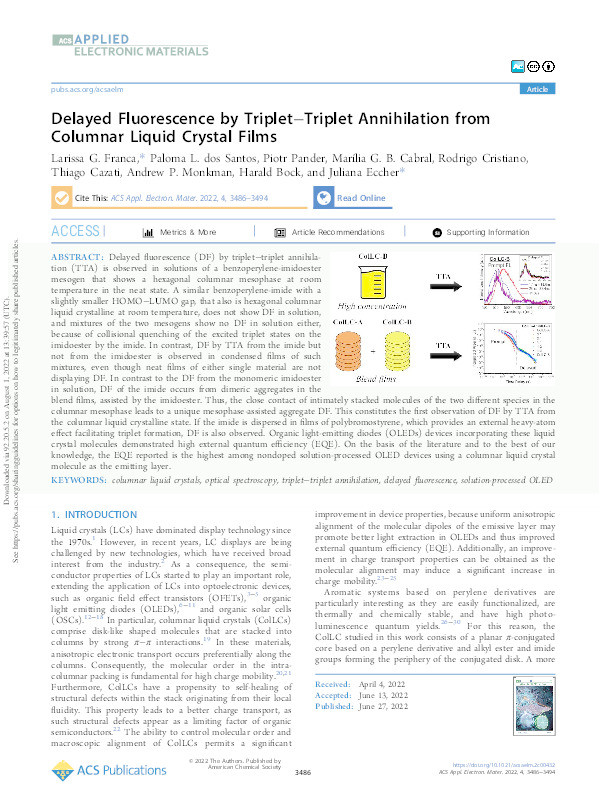 Delayed Fluorescence by Triplet–Triplet Annihilation from Columnar Liquid Crystal Films Thumbnail