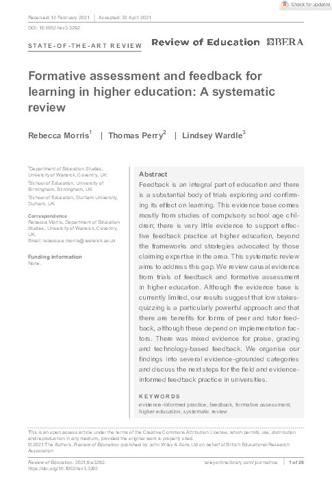 Formative assessment and feedback for learning in higher education: A systematic review Thumbnail