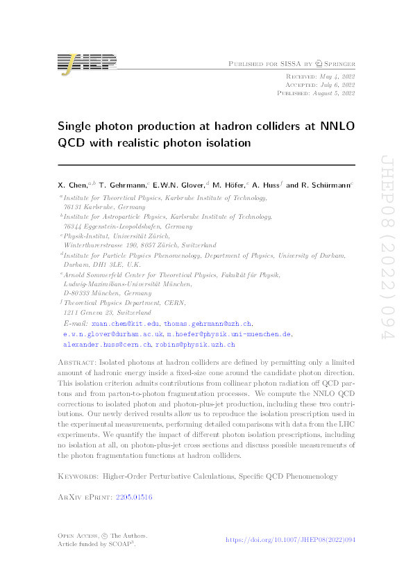 Single photon production at hadron colliders at NNLO QCD with realistic photon isolation Thumbnail