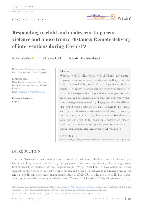 Responding to Child and Adolescent to Parent Violence and Abuse from a Distance: Remote Delivery of Interventions during Covid-19 Thumbnail