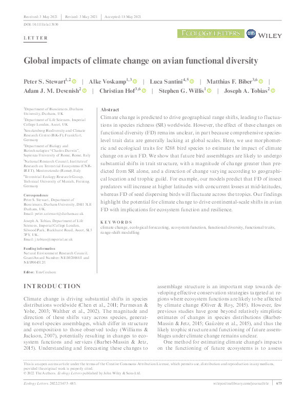 Global impacts of climate change on avian functional diversity Thumbnail