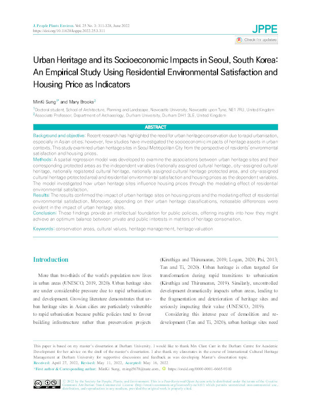 Urban Heritage and its Socioeconomic Impacts in Seoul, South Korea: An Empirical Study Using Residential Environmental Satisfaction and Housing Price as Indicators Thumbnail