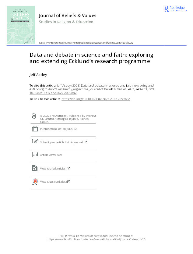 Data and debate in science and faith: exploring and extending Ecklund’s research programme Thumbnail