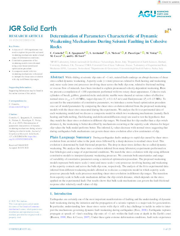 Determination of Parameters Characteristic of Dynamic Weakening Mechanisms During Seismic Faulting in Cohesive Rocks Thumbnail