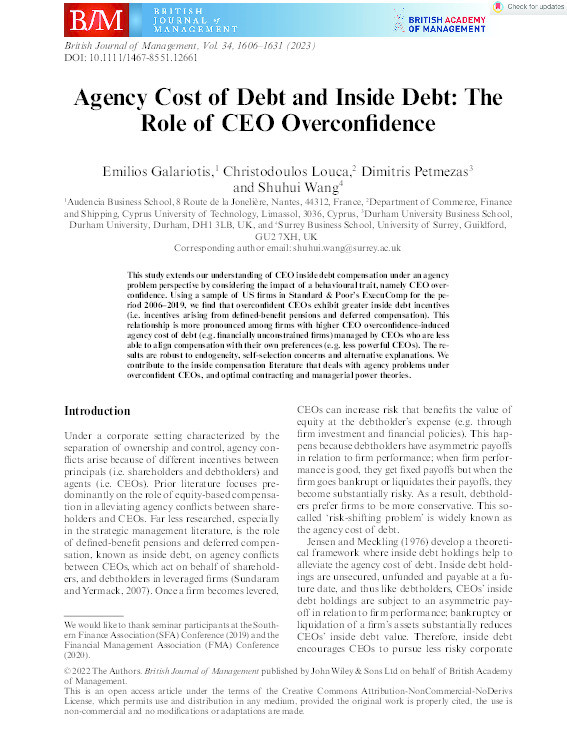 Agency Costs of Debt and Inside Debt: The Role of CEO Overconfidence Thumbnail
