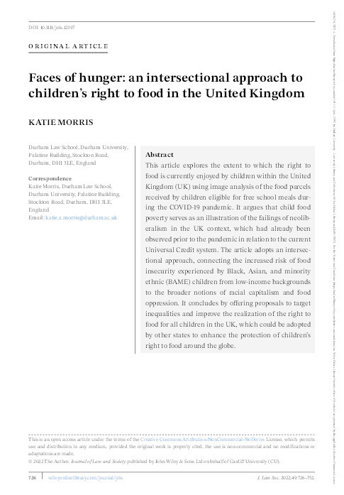 Faces of Hunger: An Intersectional Approach to Children's Right to Food in the UK Thumbnail