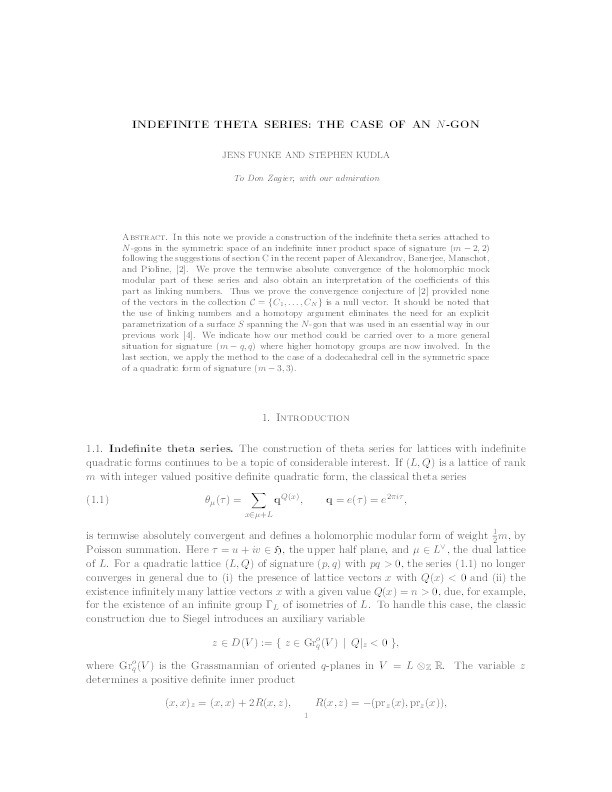 Indefinite theta series: the case of an N-gon Thumbnail