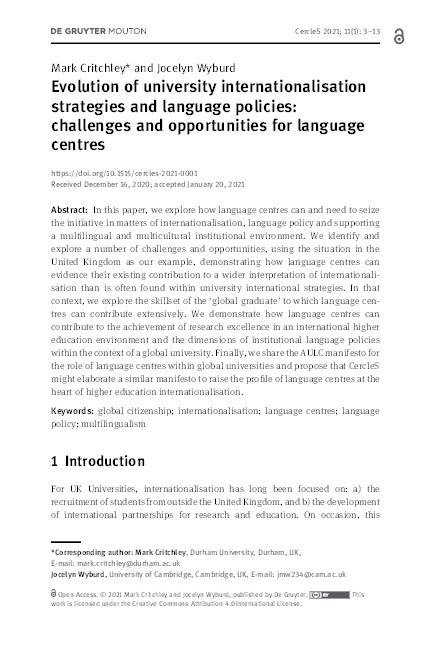 Evolution of university internationalisation strategies and language policies: challenges and opportunities for language centres Thumbnail