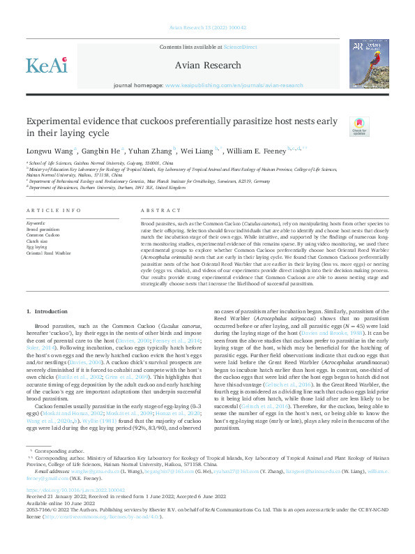 Experimental evidence that cuckoos preferentially parasitize host nests early in their laying cycle Thumbnail