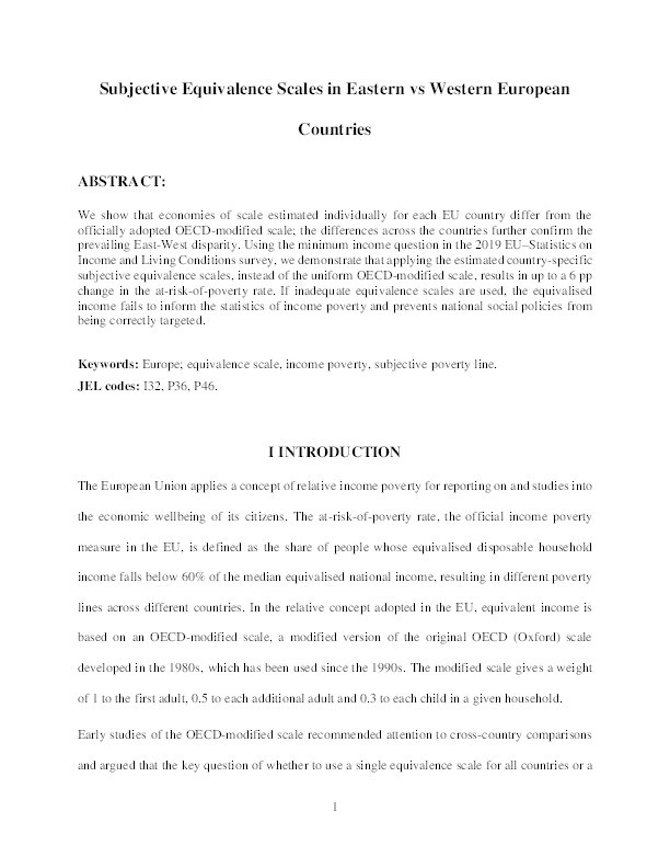 Subjective equivalence scales in Eastern versus Western European countries Thumbnail