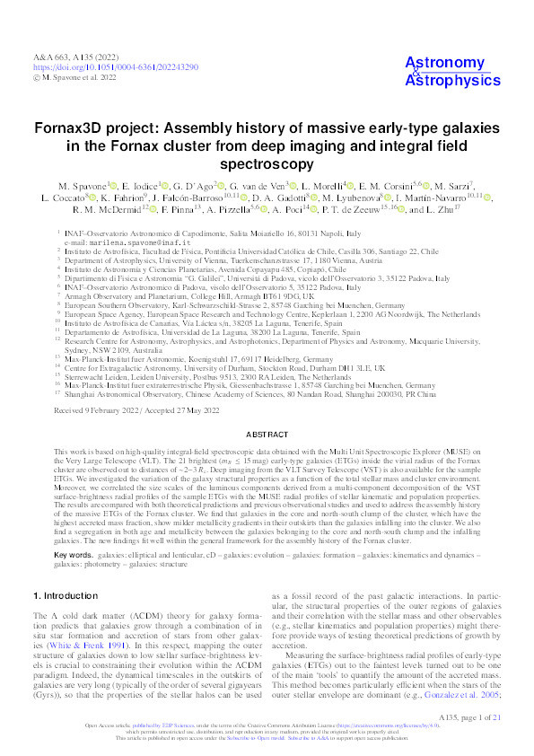 Fornax3D project: Assembly history of massive early-type galaxies in the Fornax cluster from deep imaging and integral field spectroscopy Thumbnail