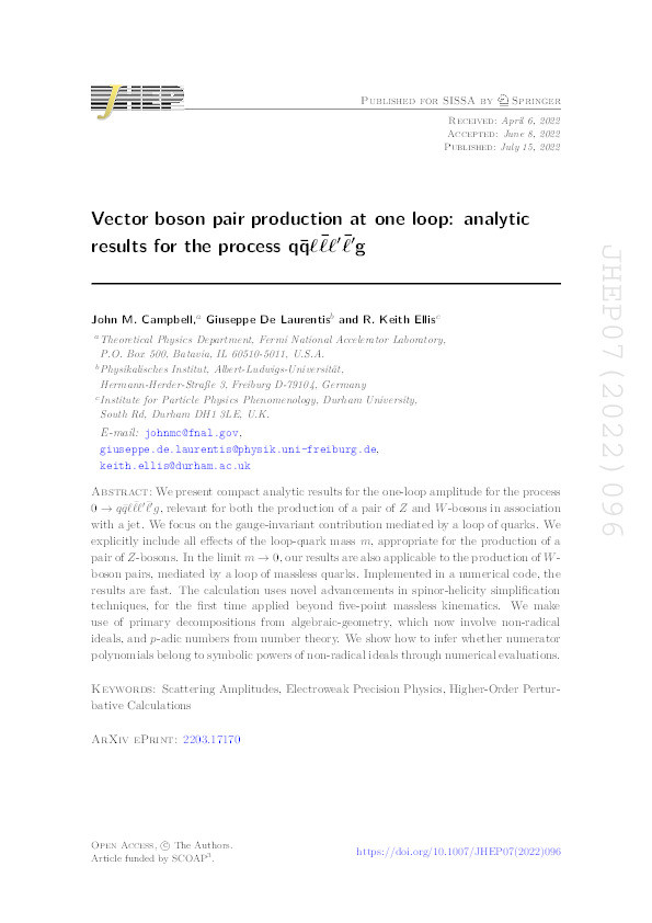 Vector boson pair production at one loop: analytic results for the process $$ \mathrm{q}\overline{\mathrm{q}}\ell \overline{\ell}{\ell}^{\prime }{\overline{\ell}}^{\prime}\mathrm{g} $$ Thumbnail