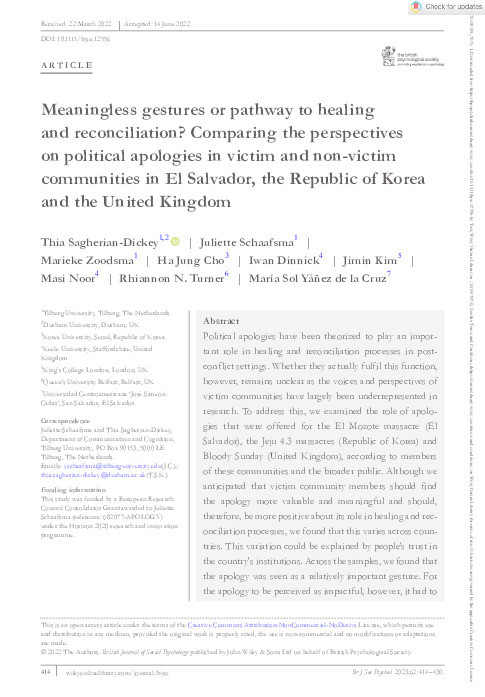 Meaningless gestures or pathway to healing and reconciliation? Comparing the perspectives on political apologies in victim and non‐victim communities in El Salvador, the Republic of Korea and the United Kingdom Thumbnail