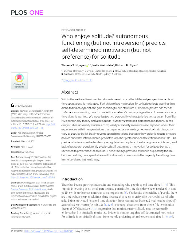 Who enjoys solitude? autonomous functioning (but not introversion) predicts self-determined motivation (but not preference) for solitude Thumbnail