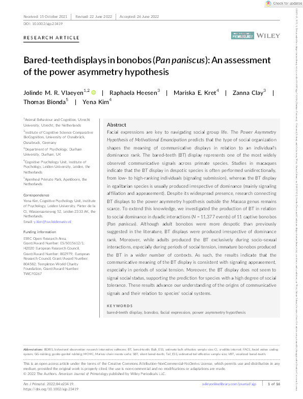 Bared-teeth displays in bonobos (Pan paniscus): An assessment of the power asymmetry hypothesis Thumbnail