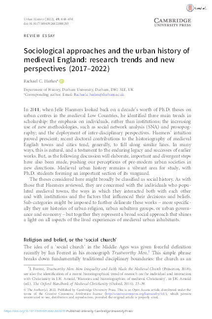 Sociological approaches and the urban history of medieval England: research trends and new perspectives (2017–2022) Thumbnail