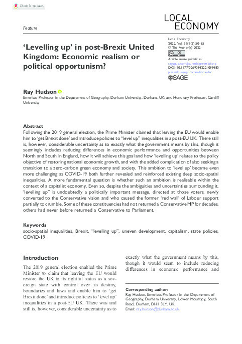 ‘Levelling up’ in post-Brexit United Kingdom: Economic realism or political opportunism? Thumbnail