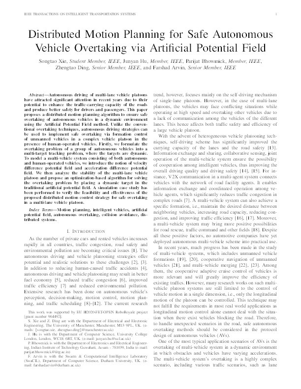 Distributed Motion Planning for Safe Autonomous Vehicle Overtaking via Artificial Potential Field Thumbnail