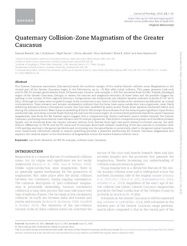Quaternary Collision-Zone Magmatism of the Greater Caucasus Thumbnail