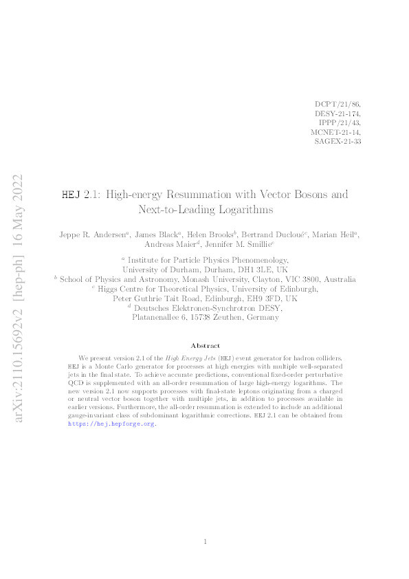 HEJ 2.1: High-energy resummation with vector bosons and next-to-leading logarithms Thumbnail