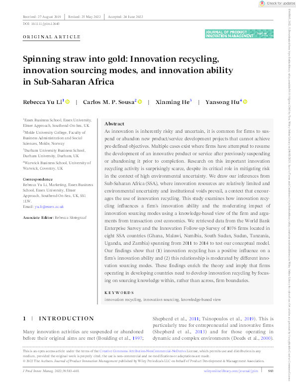 Spinning Straw into Gold: Innovation Recycling, Innovation Sourcing Modes, and Innovation Ability in Sub-Saharan Africa Thumbnail