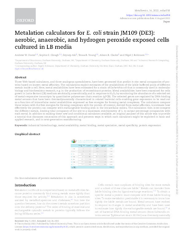 Metalation calculators for E. coli strain JM109 (DE3): Aerobic, anaerobic and hydrogen peroxide exposed cells cultured in LB media Thumbnail