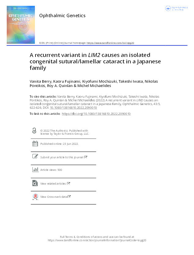 A recurrent variant in LIM2 causes an isolated congenital sutural/lamellar cataract in a Japanese family Thumbnail
