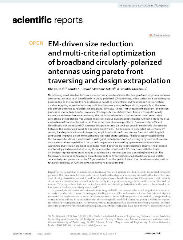 EM-driven size reduction and multi-criterial optimization of broadband circularly-polarized antennas using pareto front traversing and design extrapolation Thumbnail