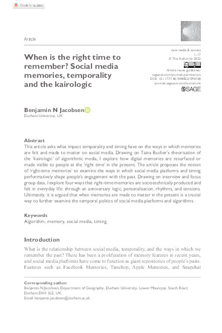 When is the right time to remember?: Social media memories, temporality and the kairologic Thumbnail
