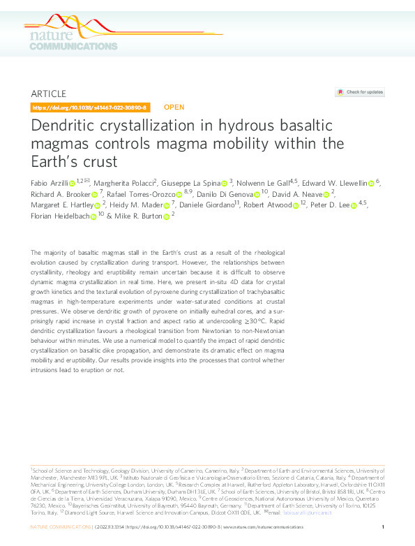 Dendritic crystallization in hydrous basaltic magmas controls magma mobility within the Earth’s crust Thumbnail