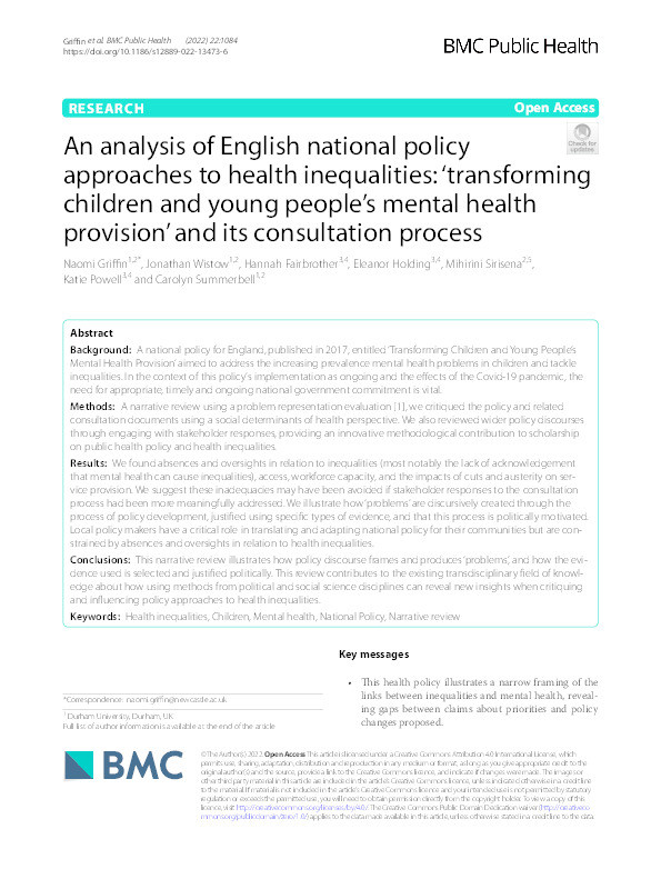 An analysis of English national policy approaches to health inequalities: ‘transforming children and young people’s mental health provision’ and its consultation process Thumbnail