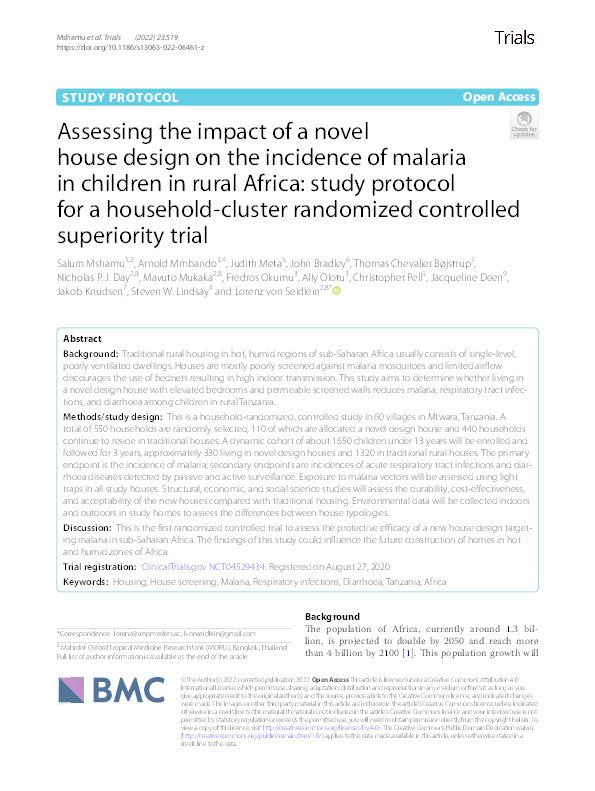 Assessing the impact of a novel house design on the incidence of malaria in children in rural Africa: study protocol for a household-cluster randomized controlled superiority trial Thumbnail