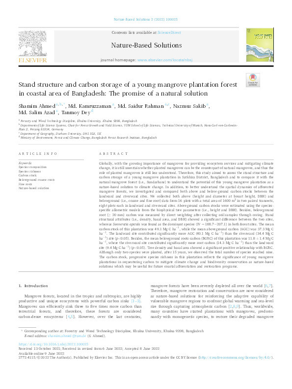 Stand structure and carbon storage of a young mangrove plantation forest in coastal area of Bangladesh: The promise of a natural solution Thumbnail