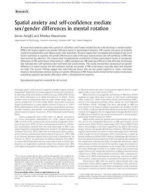 Spatial anxiety and self-confidence mediate sex/gender differences in mental rotation Thumbnail