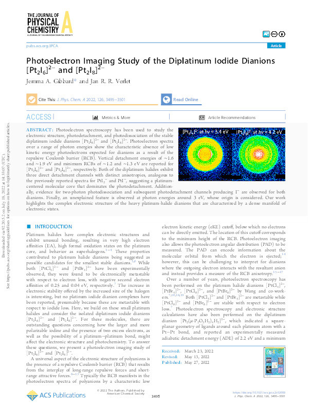 Photoelectron Imaging Study of the Diplatinum Iodide Dianions [Pt2I6]2– and [Pt2I8]2– Thumbnail