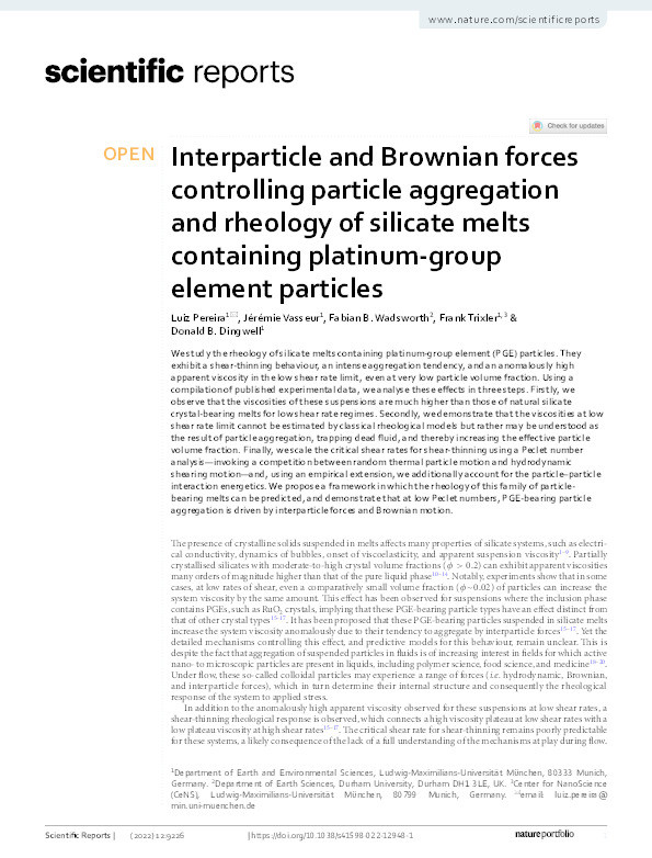 Interparticle and Brownian forces controlling particle aggregation and rheology of silicate melts containing platinum-group element particles Thumbnail